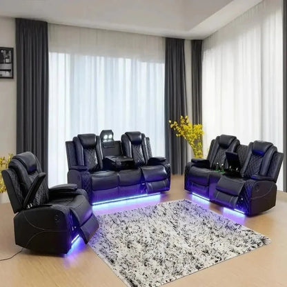 Leather Power Recliner Sofa Set with LED and USB Port Storage Console Cup Holder - FastZen