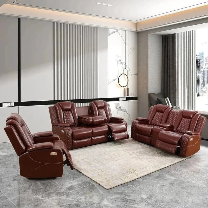 Leather Power Recliner Sofa Set with LED and USB Port Storage Console Cup Holder - FastZen