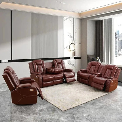 Leather Power Recliner Sofa Set with LED and USB Port Storage Console Cup Holder - FastZen