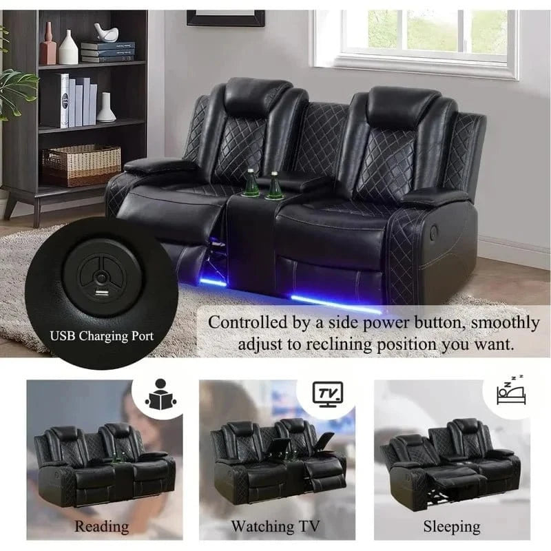 Leather Power Recliner Sofa Set with LED and USB Port Storage Console Cup Holder - FastZen