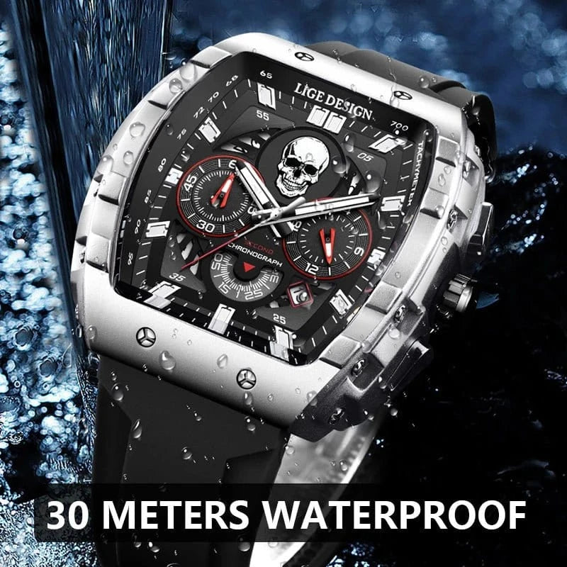 LIGE Fashion Sport Skull Watch for Men – Luxury Chronograph Quartz Waterproof Wristwatch - FastZen