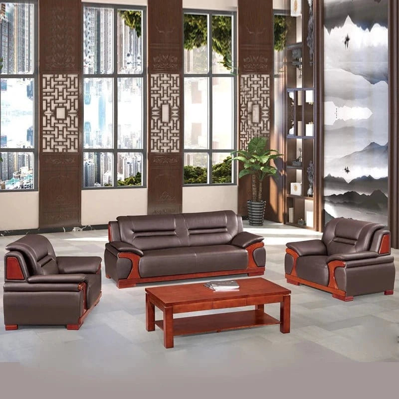Luxurious Chinese Style Office Sofa Set – Solid Wood Frame & Waterproof Leather Couch | Comfortable Reception Seating - FastZen