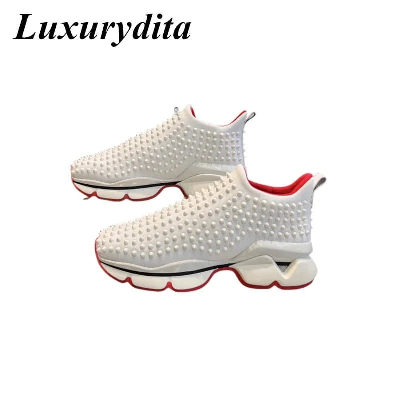 Luxury Designer Sneakers – Trendy Casual Shoes for Women &amp; Men with Genuine Leather, Red Sole &amp; Rivet Detailing - FastZen