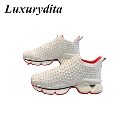 Luxury Designer Sneakers – Trendy Casual Shoes for Women &amp; Men with Genuine Leather, Red Sole &amp; Rivet Detailing - FastZen