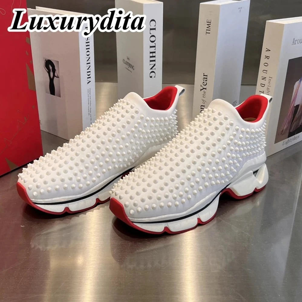 Luxury Designer Sneakers – Trendy Casual Shoes for Women &amp; Men with Genuine Leather, Red Sole &amp; Rivet Detailing - FastZen