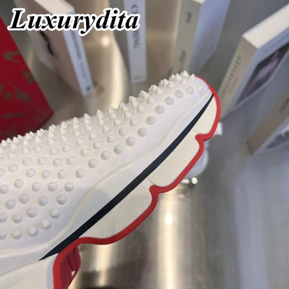 Luxury Designer Sneakers – Trendy Casual Shoes for Women &amp; Men with Genuine Leather, Red Sole &amp; Rivet Detailing - FastZen