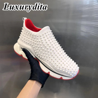 Luxury Designer Sneakers – Trendy Casual Shoes for Women &amp; Men with Genuine Leather, Red Sole &amp; Rivet Detailing - FastZen