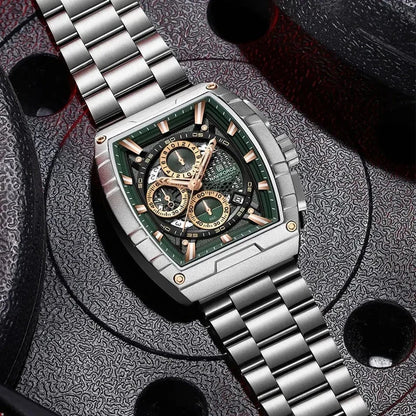 Luxury Men’s Tonneau Quartz Wristwatch – Waterproof Chronograph with Auto Date - FastZen