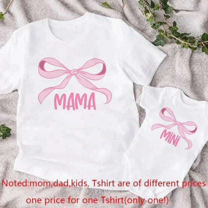 Mama &amp; Mimi Bow Print Matching Family Outfits – Mother &amp; Daughter Short Sleeve Tops, Baby Jumpsuit Set - FastZen