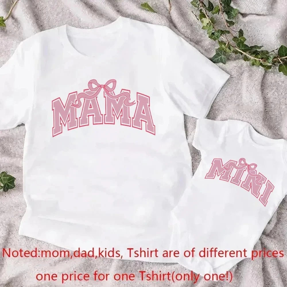 Mama &amp; Mimi Bow Print Matching Family Outfits – Mother &amp; Daughter Short Sleeve Tops, Baby Jumpsuit Set - FastZen