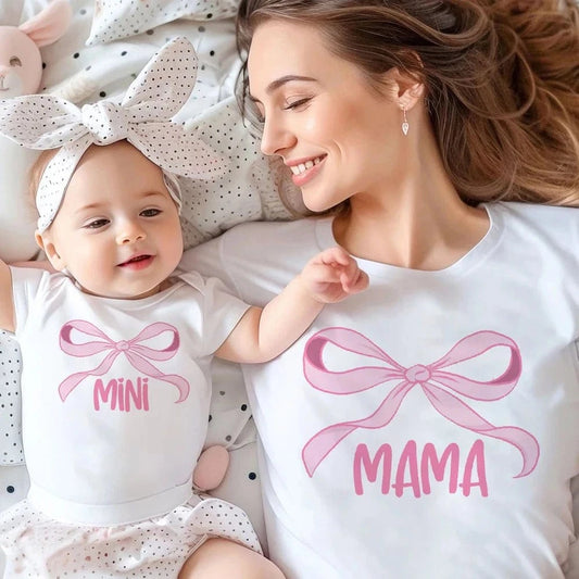Mama &amp; Mimi Bow Print Matching Family Outfits – Mother &amp; Daughter Short Sleeve Tops, Baby Jumpsuit Set - FastZen