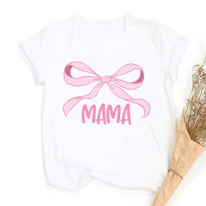 Mama &amp; Mimi Bow Print Matching Family Outfits – Mother &amp; Daughter Short Sleeve Tops, Baby Jumpsuit Set - FastZen