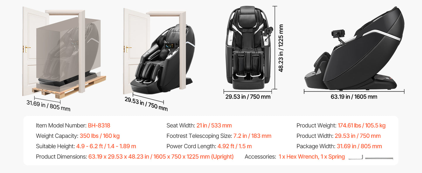 SucceBuy Massagesessel 4D Ganzkörper-Schwerelosigkeitssessel mit SL-Schiene, Dehnungsfunktion, KI-Sprachsteuerung, Heizung, Fußrollen und einziehbarer Fußstütze