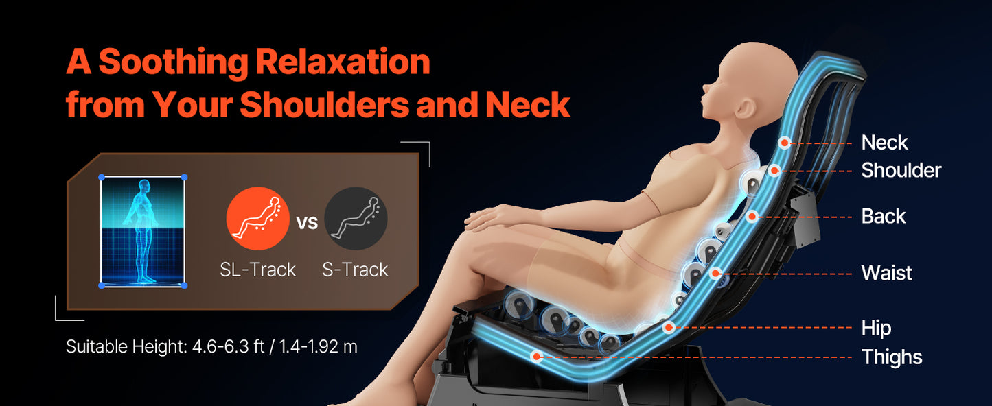 SucceBuy Massagesessel 4D Ganzkörper-Schwerelosigkeitssessel mit SL-Schiene, Dehnungsfunktion, KI-Sprachsteuerung, Heizung, Fußrollen und einziehbarer Fußstütze