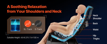 SucceBuy Massagesessel 4D Ganzkörper-Schwerelosigkeitssessel mit SL-Schiene, Dehnungsfunktion, KI-Sprachsteuerung, Heizung, Fußrollen und einziehbarer Fußstütze