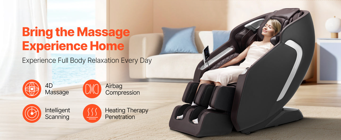 SucceBuy Massagesessel 4D Ganzkörper-Schwerelosigkeitssessel mit SL-Schiene, Dehnungsfunktion, KI-Sprachsteuerung, Heizung, Fußrollen und einziehbarer Fußstütze