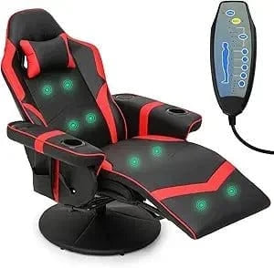 Massage Gaming Recliner Chair – 360° Swivel PU Leather Recliner with Adjustable Backrest, Footrest, Cup Holders & Bluetooth - FastZen