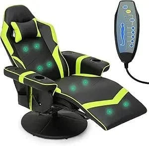 Massage Gaming Recliner Chair – 360° Swivel PU Leather Recliner with Adjustable Backrest, Footrest, Cup Holders & Bluetooth - FastZen