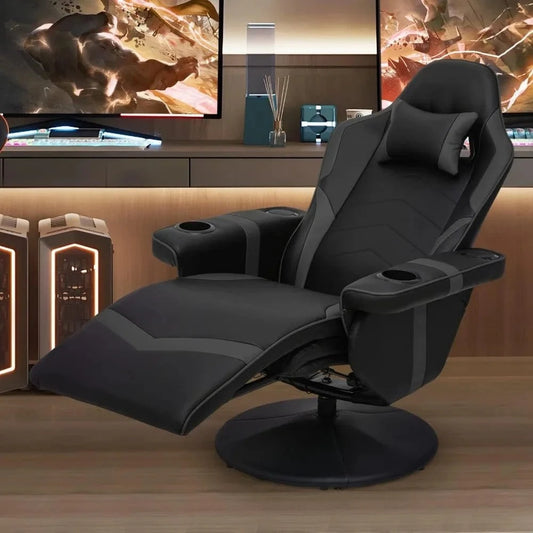 Massage Gaming Recliner Chair – 360° Swivel PU Leather Recliner with Adjustable Backrest, Footrest, Cup Holders & Bluetooth - FastZen
