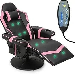 Massage Gaming Recliner Chair – 360° Swivel PU Leather Recliner with Adjustable Backrest, Footrest, Cup Holders & Bluetooth - FastZen