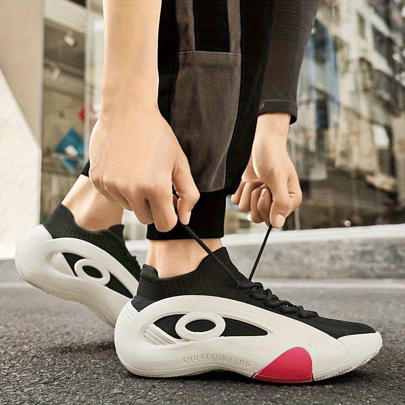 Men's Lightweight Breathable Slip - On Sneakers – Cushioned PVC Sole, White/Black/Red Accents - FastZen