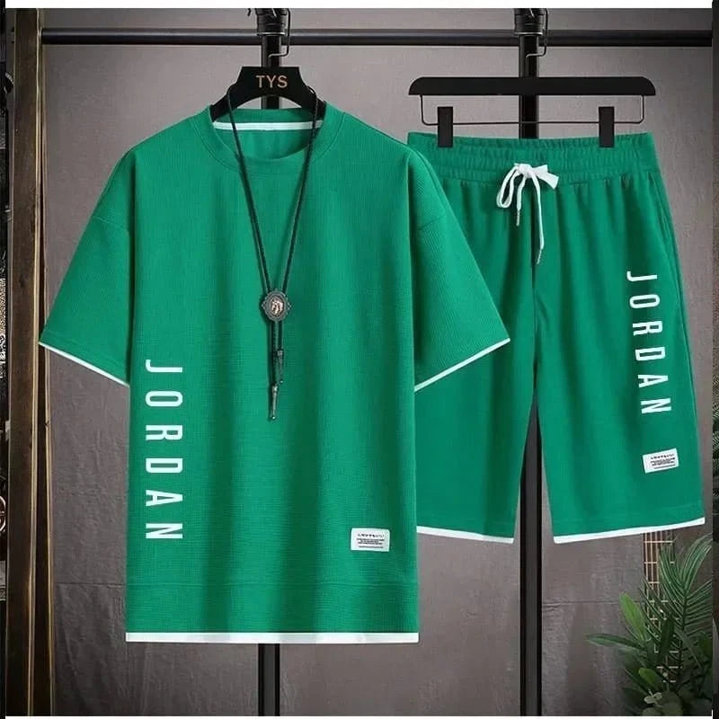 Men’s Summer 2025 Waffle Fabric Sports Set – Casual Loose T-Shirt & Shorts for Running & Leisure - FastZen