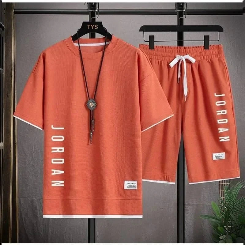 Men’s Summer 2025 Waffle Fabric Sports Set – Casual Loose T-Shirt & Shorts for Running & Leisure - FastZen