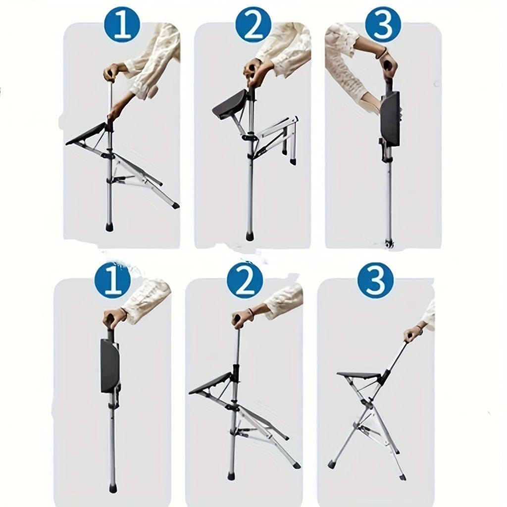 New High Quality Aluminum Alloy Foldable Cane Stick with Seat Adjustable Elderly Crutch Chair with Stool - FastZen
