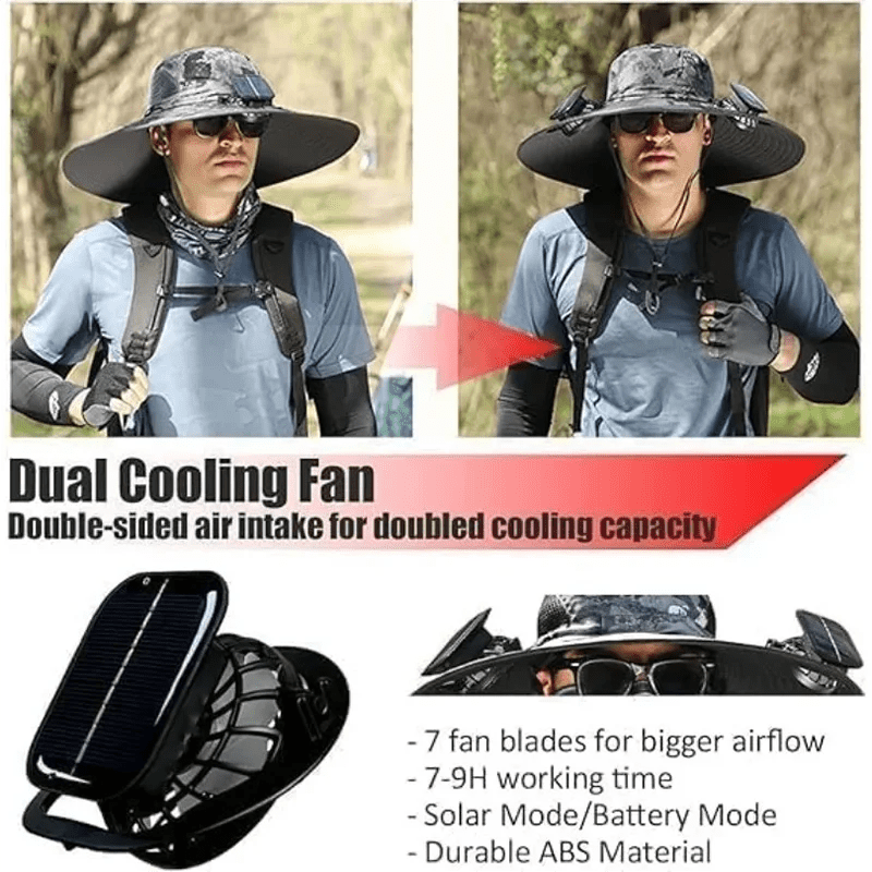 New Men’s Fashion Wide Brim Solar Fan Hat – UPF50+ Sun Protection with Dual Power (Solar & USB) - FastZen