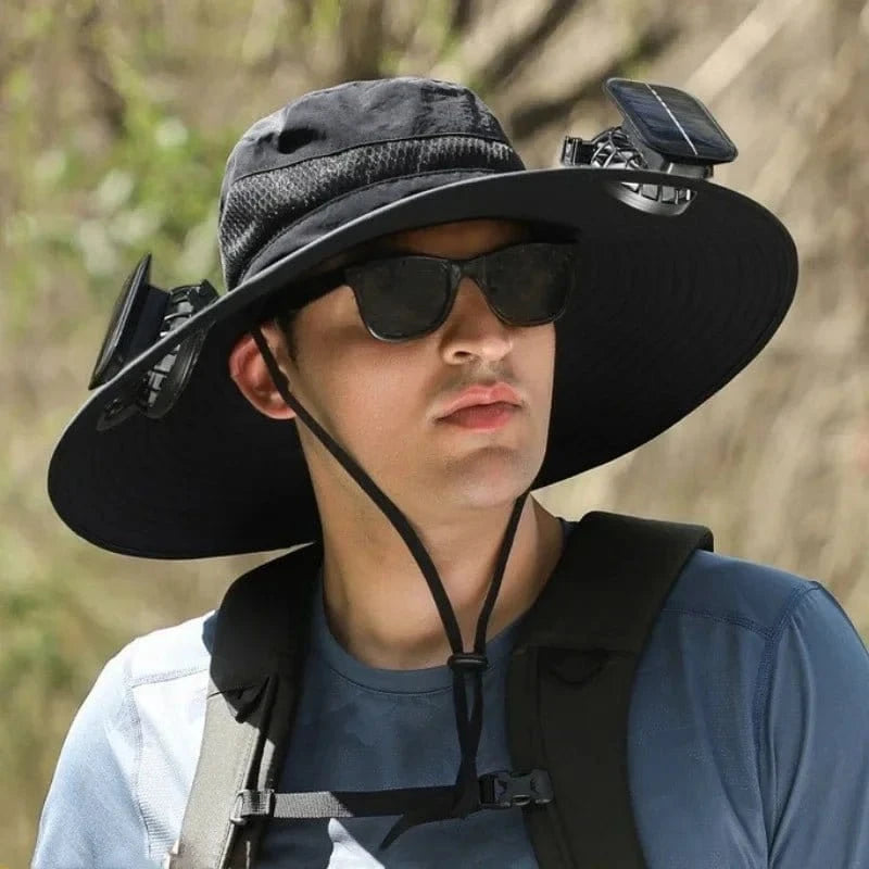 New Men’s Fashion Wide Brim Solar Fan Hat – UPF50+ Sun Protection with Dual Power (Solar & USB) - FastZen