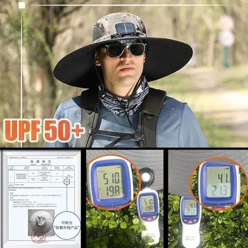 New Men’s Fashion Wide Brim Solar Fan Hat – UPF50+ Sun Protection with Dual Power (Solar & USB) - FastZen