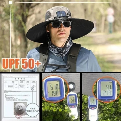 New Men’s Fashion Wide Brim Solar Fan Hat – UPF50+ Sun Protection with Dual Power (Solar & USB) - FastZen