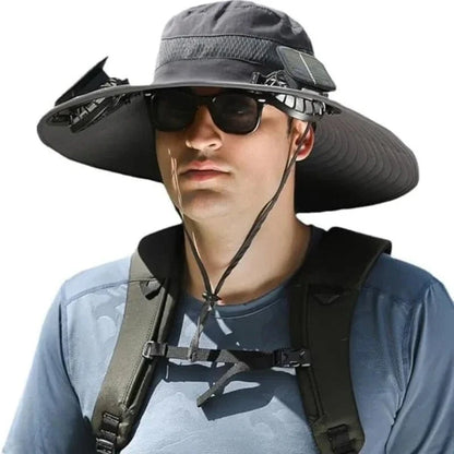 New Men’s Fashion Wide Brim Solar Fan Hat – UPF50+ Sun Protection with Dual Power (Solar & USB) - FastZen