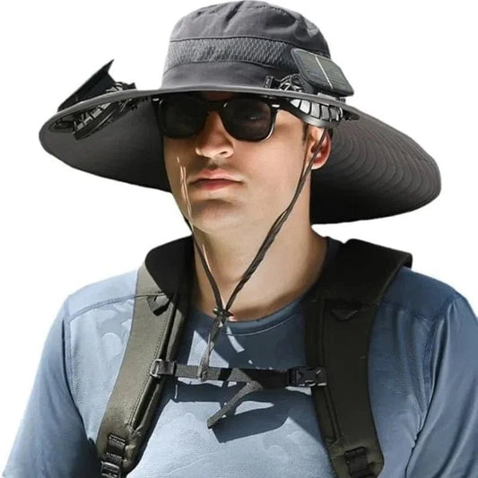 New Men’s Fashion Wide Brim Solar Fan Hat – UPF50+ Sun Protection with Dual Power (Solar & USB) - FastZen