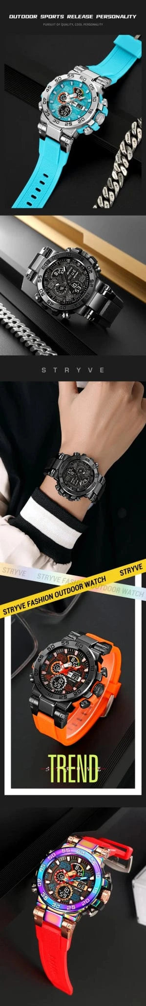 New STRYVE 8030 Men's Watch Fashion Sports Waterproof Wristwatch High Quality Digital - Analog Dual Movement Calendar Aralm Week - FastZen
