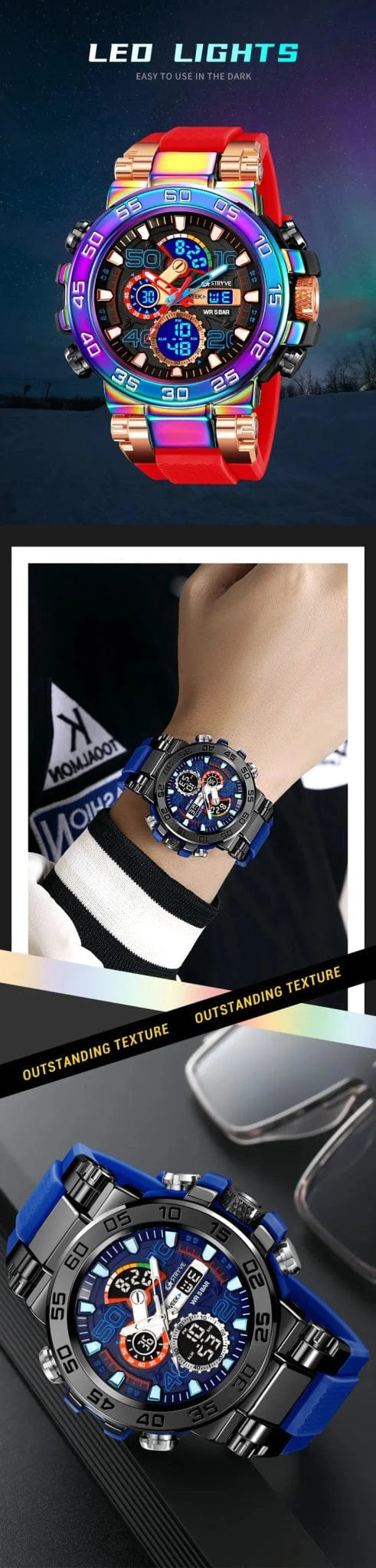 New STRYVE 8030 Men's Watch Fashion Sports Waterproof Wristwatch High Quality Digital - Analog Dual Movement Calendar Aralm Week - FastZen