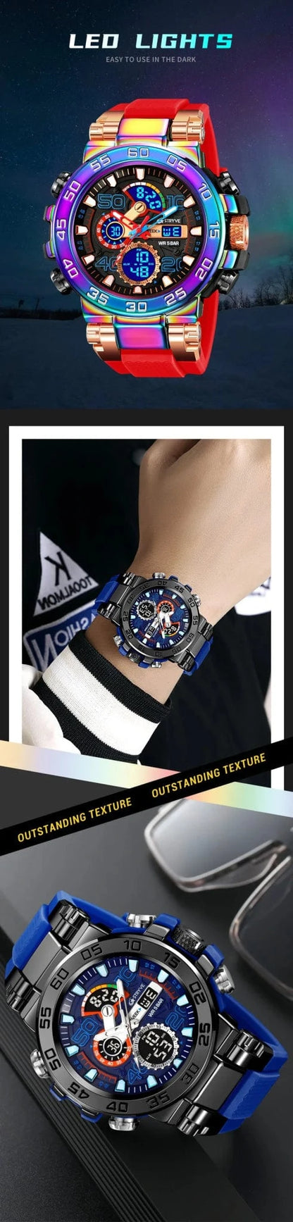 New STRYVE 8030 Men's Watch Fashion Sports Waterproof Wristwatch High Quality Digital - Analog Dual Movement Calendar Aralm Week - FastZen