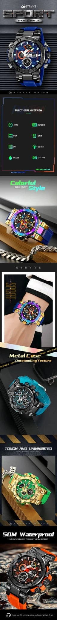 New STRYVE 8030 Men's Watch Fashion Sports Waterproof Wristwatch High Quality Digital - Analog Dual Movement Calendar Aralm Week - FastZen
