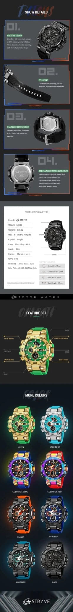 New STRYVE 8030 Men's Watch Fashion Sports Waterproof Wristwatch High Quality Digital - Analog Dual Movement Calendar Aralm Week - FastZen