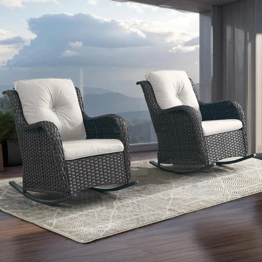 Patio Chairs Outdoor Rocking Chair – 2 - Piece Wicker Rattan Rocker Set - FastZen