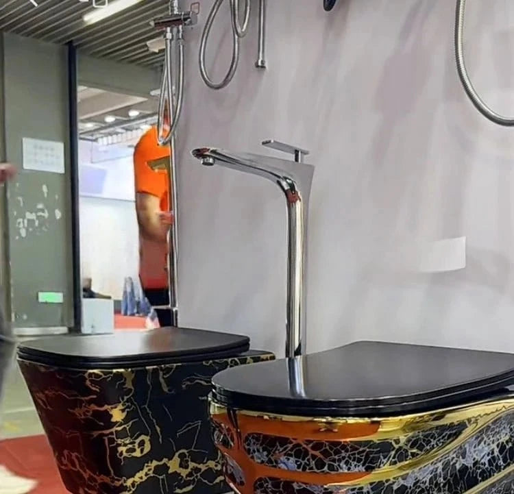 Personalized Wall - Mounted Toilet – Luxury Gold & Black with Colorful Pattern - FastZen