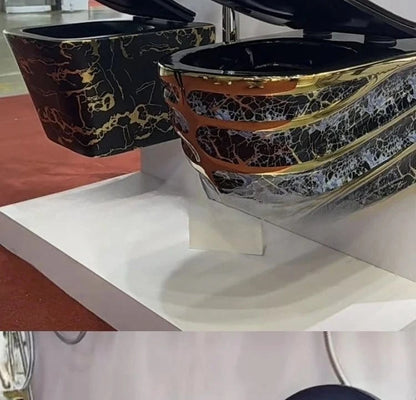 Personalized Wall - Mounted Toilet – Luxury Gold &amp; Black with Colorful Pattern - FastZen