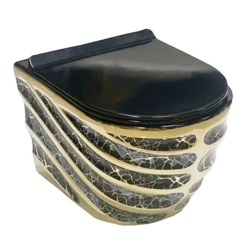 Personalized Wall - Mounted Toilet – Luxury Gold &amp; Black with Colorful Pattern - FastZen