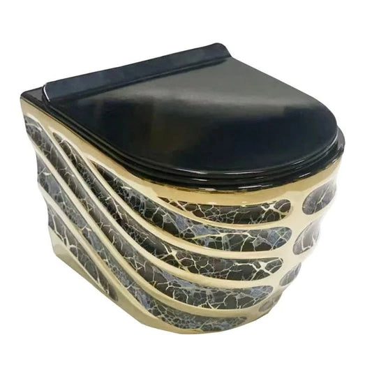 Personalized Wall - Mounted Toilet – Luxury Gold &amp; Black with Colorful Pattern - FastZen