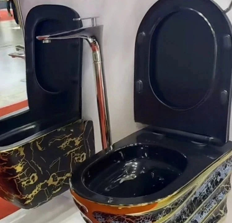 Personalized Wall - Mounted Toilet – Luxury Gold &amp; Black with Colorful Pattern - FastZen