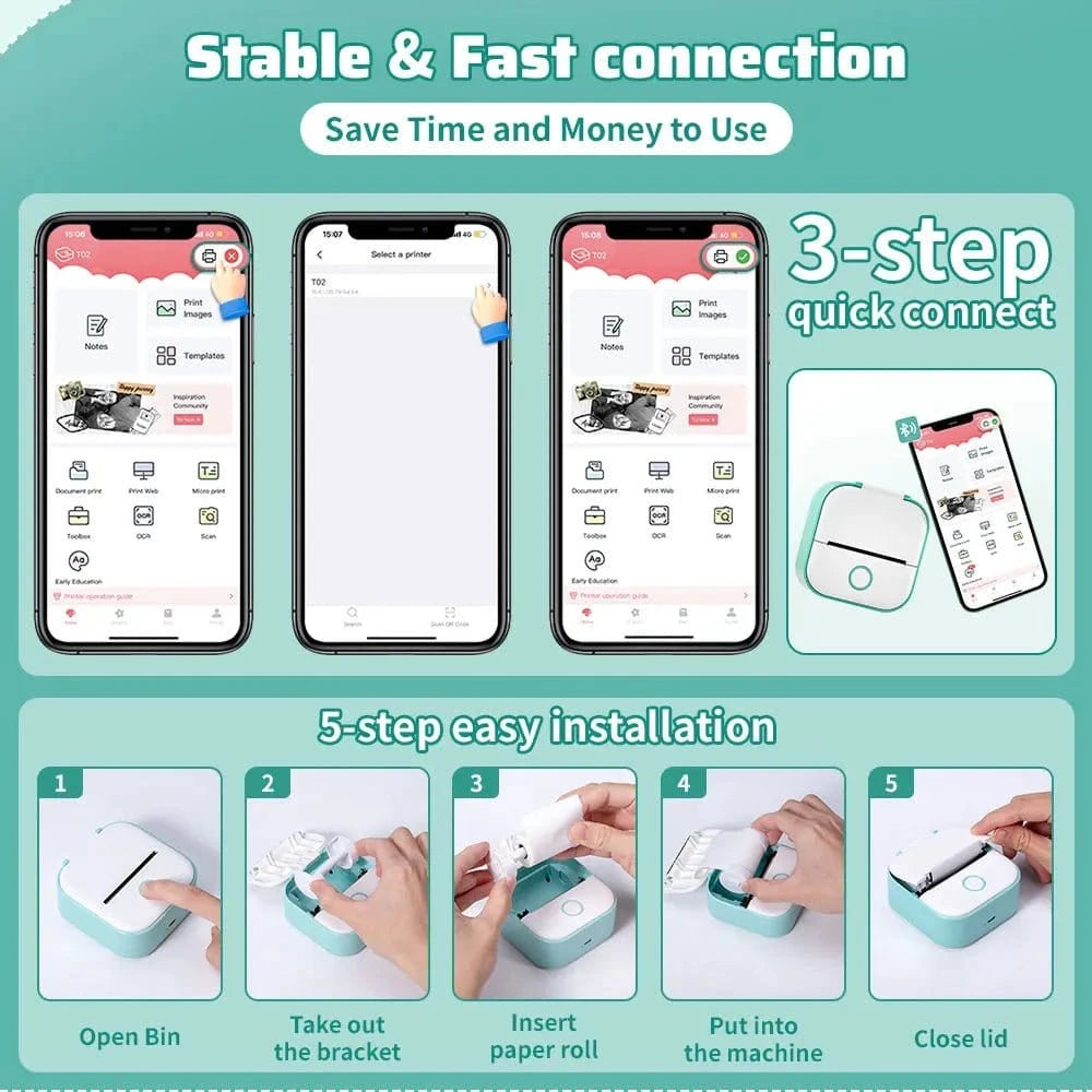 Portable Mini Thermal Printer Wirelessly – Imprimante Bluetooth Portable Sans Encre - FastZen