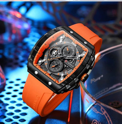 Sports Rectangular Quartz Watch – Large Dial with Silicone Band &amp; Auto Date - FastZen