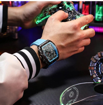 Sports Rectangular Quartz Watch – Large Dial with Silicone Band &amp; Auto Date - FastZen