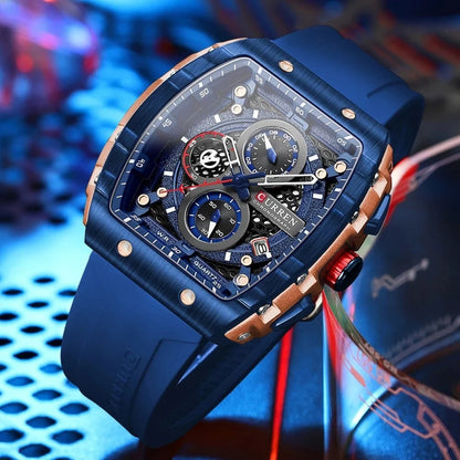 Sports Rectangular Quartz Watch – Large Dial with Silicone Band &amp; Auto Date - FastZen