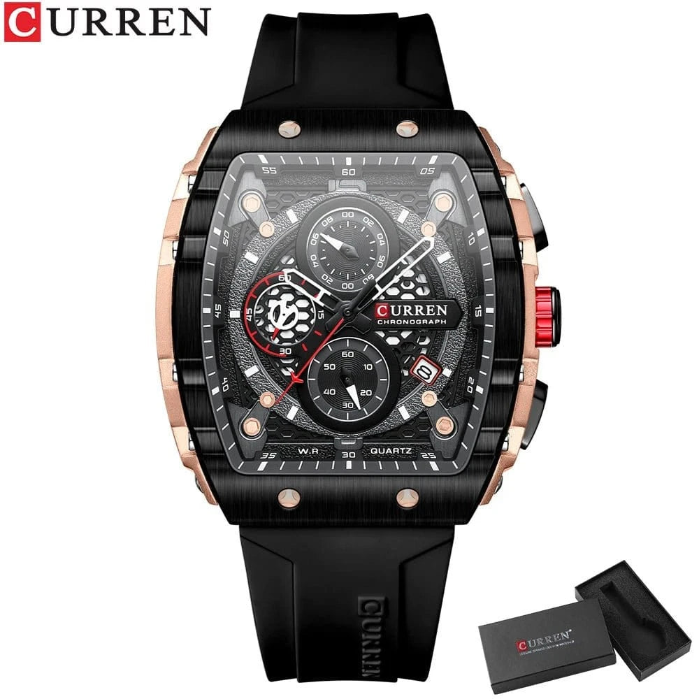 Sports Rectangular Quartz Watch – Large Dial with Silicone Band &amp; Auto Date - FastZen